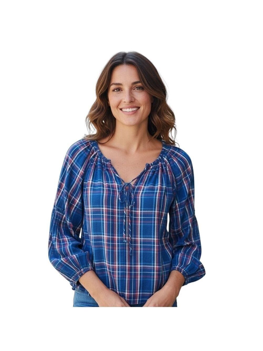 GAP Blue Red White Plaid Keyhole Blouse Women’s Size Small